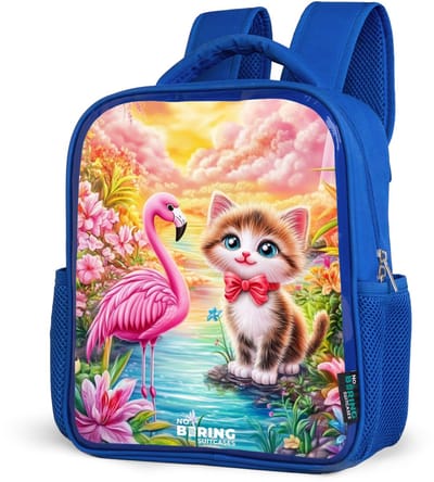 NoBoringSuitcases.com® - Rugzak blauw - Schooltas jongens - Kitten met flamingo in tropisch bloemenparadijs - Kinder rugtas jongen - Boekentas kind - Kinderrugzak voor school - Schoolrugzak