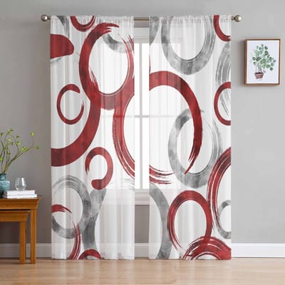 Geometrische Verfkwast Cirkels Rood Grijs Slaapkamer Gordijnen Tule Transparant Gordijn Woonkamer Huisdecoratie Voile Draperieën 135W x 160H(cm)