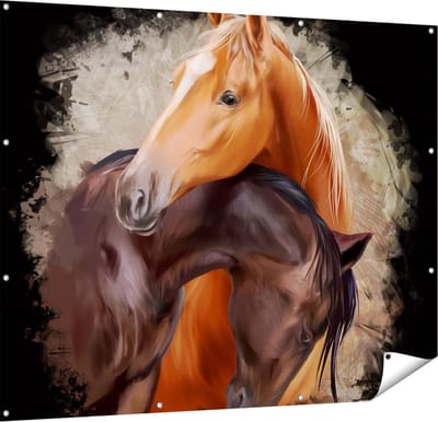 Gards Tuinposter Twee Getekende Knuffelende Paarden - Abstract - 150x120 cm - Tuindoek - Tuindecoratie - Wanddecoratie buiten - Tuinschilderij