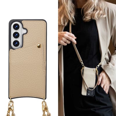 Selencia Hoesje - Geschikt voor Samsung Galaxy S26 - Backcover met koord en pashouder - Beige