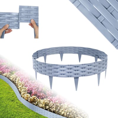 Flexibele gazonrand - Tuinbegrenzing palissade - Bloembedden aflijnen - Rotan-look kunststof - 5 meter set - Grijs
