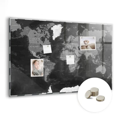 Tulup Glassboards - Zwarte wereldkaart Magneetbord - 90 cm x 60 cm - Zwart en wit Memobord Glas - Gratis 5 Sterke Magneten - Organizer Muur - Magneetbord Muur - Magnetisch Wandbord - Planning Muur - Magnetic Board