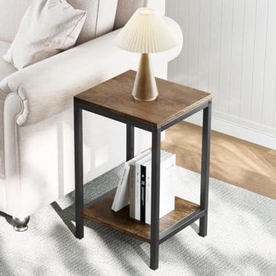Houten Bijzettafel met Opslag en Metal Frame - Verstelbare Voeten en 2 Niveaus