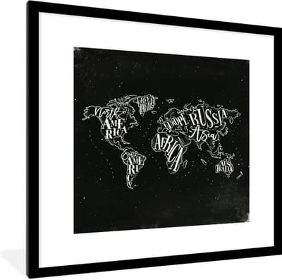 Poster in lijst - Fotolijst 40x40 cm - Posters - Wereldkaart - Zwart - Wit- Sterrenhemel - Posterlijst zwart - Decoratie - Wanddecoratie woonkamer - Muurdecoratie slaapkamer