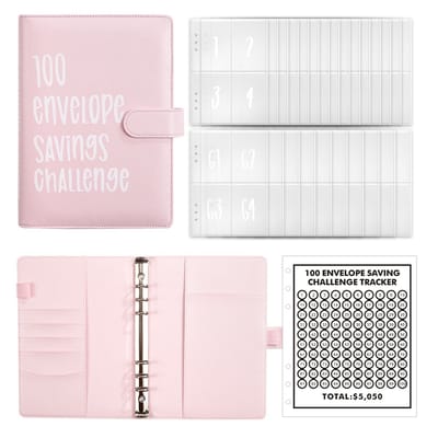 longziming A5 Spaarmap met 100 Enveloppen - Leuke en Simpele Manier om Doelen te Bereiken - Money Saving Challenge - Spaarboek voor Contant Geld - Inclusief 25 Budgetkaarten - Roze