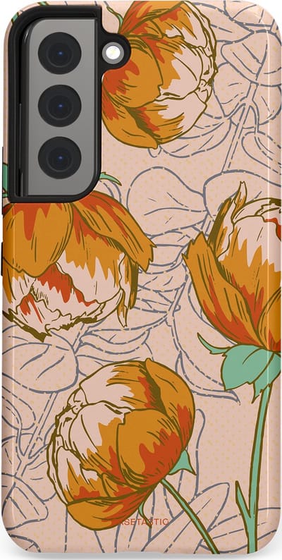 Casetastic hoesje geschikt voor Samsung Galaxy S22 - Dubbellaagse bescherming - Lente pioenroos - Fashion Case - Zand Zilver Okergeel Terracotta