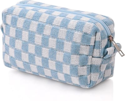 Kleine Cosmetica Organizer voor Make-up en Reizen - Chessboard Design, Blauw en Wit, Essentiële Toilettas voor Make-up en Pennen