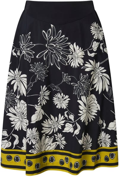 Ulla Popken - Dames - Midi-rok bloemen A-lijn comfortabele tailleband lyocell - Zwart - Maat 50+