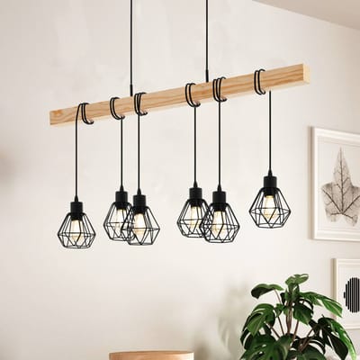 EGLO Townshend hanglamp, lengte 100 cm, zwart/eiken, 6-lamps.
