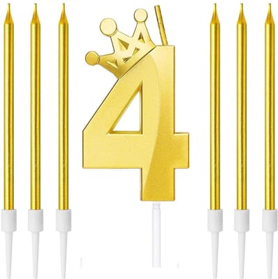 Dailygoods- Verjaardagskaarsen Set met 6 Lange Kaarsen - Metalen Kaars Nummer 4 - Decoraties voor Verjaardagsfeestjes - Taartaccessoires - Geschikt voor Jongens/Meisjes - Taartkaarsen