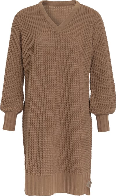 Knit Factory Robin Dames Jurk - Gebreide Trui Jurk - Wollen jurk - Herfst- & winterjurk - Wijde jurk - V-hals - Nude - 36/38 - Knielengte