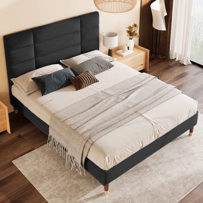 Gestoffeerd tweepersoonsbed met lattenbodem en hoofdeinde - Voor volwassenen en tieners 140x200 cm - Zwart - Linnen - Opbergruimte 17 cm - Stabiel frame tot 181 kg