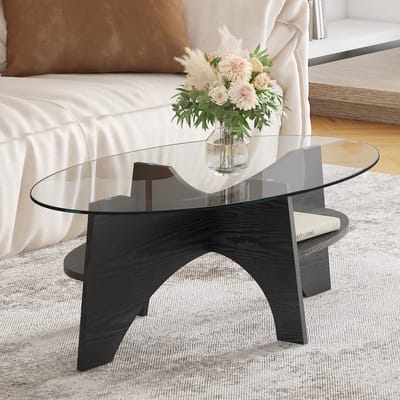 PHOEBE CAT Salontafel - Ovale bijzettafel - Glazen blad - Houtnerf - MDF frame - Zwart