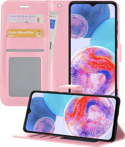 Hoesje - Met Pasjeshouder - Geschikt voor Samsung Galaxy A23 - Luxe Bookcase Portemonee - Flip Case - Kunstleer Book Case - Flipcase - Book Cover - Walletcase - Portemonneehoes - Telefoonhoesjes - Lichtroze