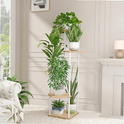 Sierra, Plantenstandaard, met 5 niveaus, voor binnen, hoog metalen plantenrek voor meerdere planten, bloemenstandaard, voor terras, tuin, balkon, woon- of slaapkamer, wit