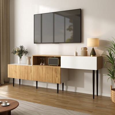 Wishdor - Tv-Meubel - Modulair En Verstelbaar - Modern - Voor Woonkamer - MDF En Spaanplaat - Wit En Houtkleur - 120+120 x 30 x 63,5 cm