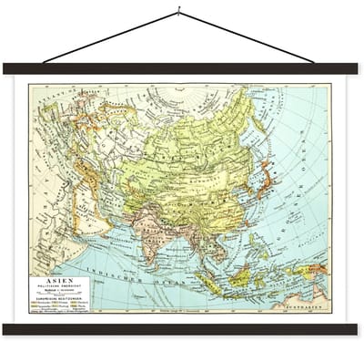 Schoolplaat - Textielposter - Klassieke wereldkaart Azië - 120x90 cm - Textiel poster