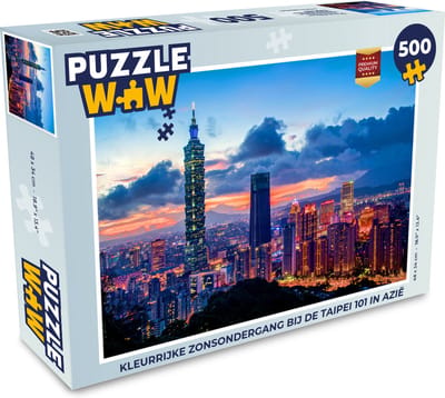 Puzzel Kleurrijke zonsondergang bij de Taipei 101 in Azië - Legpuzzel - Puzzel 500 stukjes