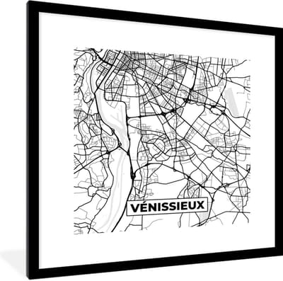 Fotolijst incl. Poster Zwart Wit- Kaart - Stadskaart - Frankrijk - Plattegrond - Vénissieux - Zwart wit - 40x40 cm - Posterlijst
