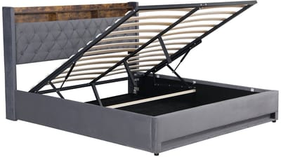 MODFU Gestoffeerd Tweepersoonsbed met LED 160x200 cm – 216x162,5x117 cm – Meerkleurig hoofdbord – Hoog frame – Fluweel grijs – Master bedroom