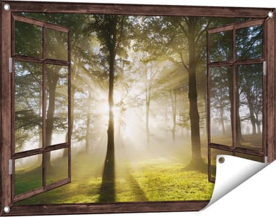 Gards Tuinposter Doorkijk Zon tussen de Bomen - 90x60 cm - Tuindoek - Tuindecoratie - Wanddecoratie buiten - Tuinschilderij