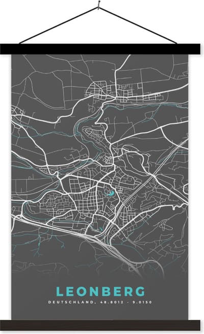 Posterhanger incl. Poster 60x90 cm - Schoolplaat - Duitsland – Blauw – Leonberg – Stadskaart – Kaart – Plattegrond - Textielposter - Zwarte latten - Stadskaart