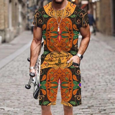 Nouveaux Survêtements pour Hommes Motif Vintage Impression 3D Ensemble T-shirt Col Rond pour Hommes Short Décontracté 2 Pièces Vêtements d'Été Street pour Hommes 2XL black