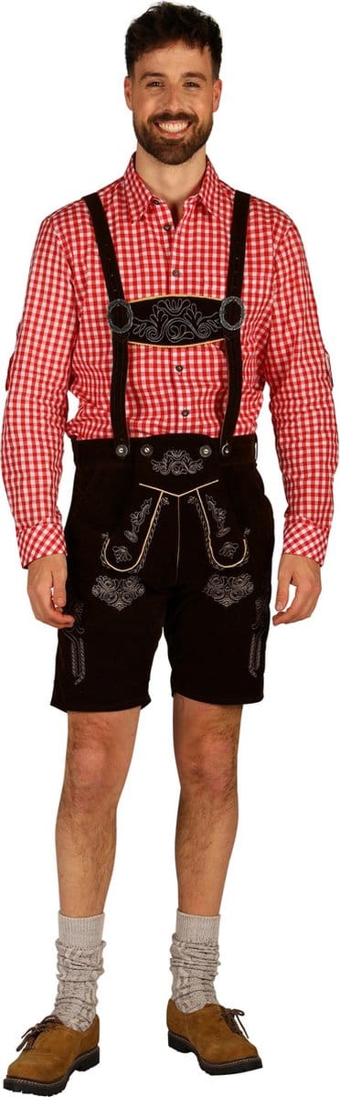 Oktoberfest Lederhosen - Jonas - Velvet - Kort Model Donkerbruin - Maat 60 - 4XL
