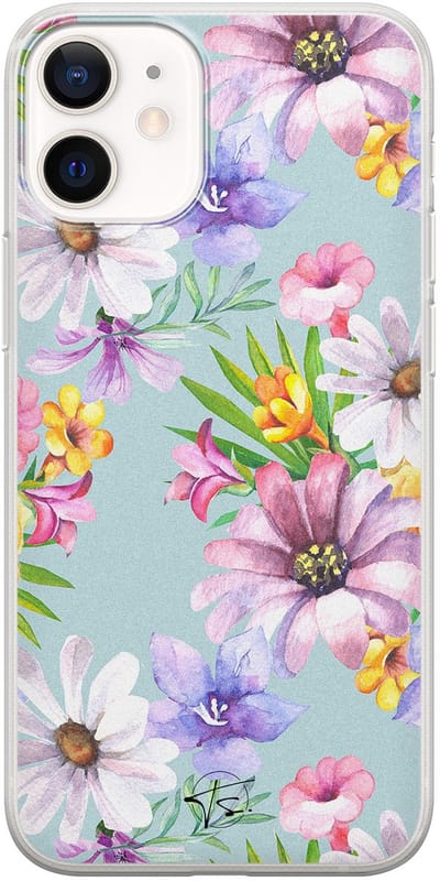 Hoesje geschikt voor iPhone 12 Mini - Mint bloemen - Soft Case - TPU - Bloemen - Blauw - Mooie Telefoonhoesjes