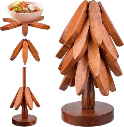 Set van 4 Houten Coasters voor Warme Gerechten met 1 Stand, Vouwbare Onderzetters en Anti-verbrandingsmat voor Kerstdecoratie