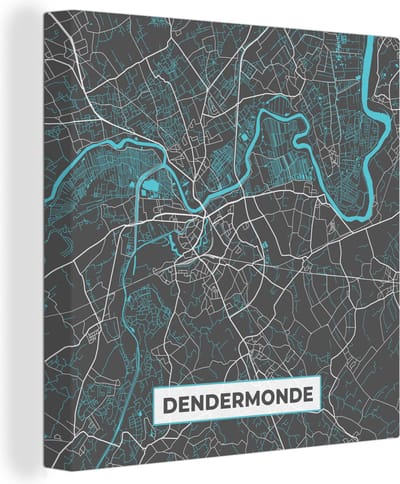 Canvas Schilderij België – Dendermonde – Stadskaart – Kaart – Blauw – Plattegrond - 20x20 cm - Wanddecoratie