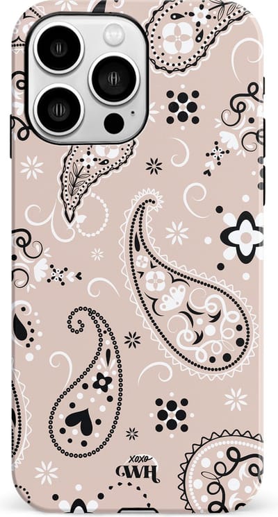 xoxo Wildhearts Paisley Dawn Nude - Double Layer - Hard case hoesje geschikt voor iPhone 13 Pro Max hoesje - Print met bloemen en hartjes - Beschermhoes geschikt voor iPhone 13 Pro Max case met print - beige / zwart