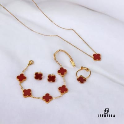 Leerella Luxe Klaver Sieradenset Rood - Ketting, Armband, Oorbellen & Verstelbare Ring