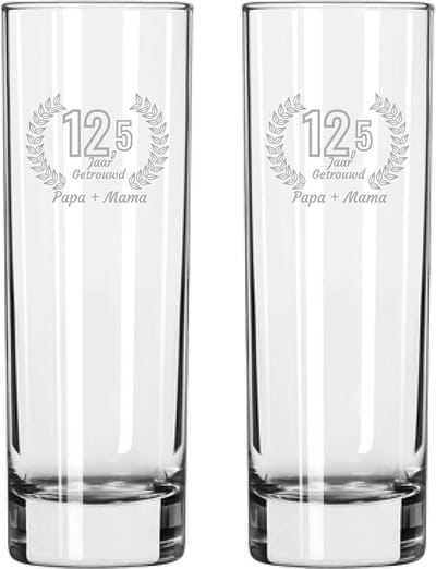 Gegraveerde set Longdrinkglazen 22cl Papa + Mama 12,5 jaar getrouwd