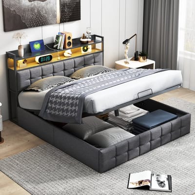 Gestoffeerd bed 140 x 200 cm met LED-verlichting en USB-oplaadpoorten, hydraulisch tweepersoonsbed met opbergruimte, linnen stof, houten latten, grijs