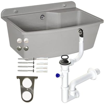 Wastafel met sifon - Hangend model 61 cm voor keuken of badkamer - Robuuste granieten look in grijs