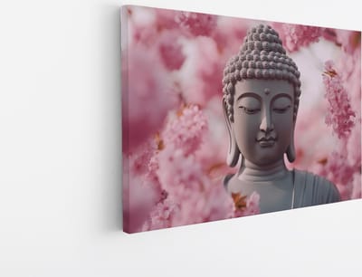 Saammp Canvas Schilderij - Boeddha tussen roze bloesem - 45x30 - Foto op canvas - Wanddecoratie - Muurdecoratie Woonkamer - Canvas schilderijen