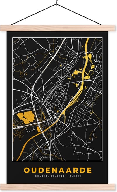 Posterhanger incl. Poster 40x60 cm - Schoolplaat - Oudenaarde - Stadskaart - Kaart - Goud - Plattegrond - Textielposter - Blanke latten - Stadskaart