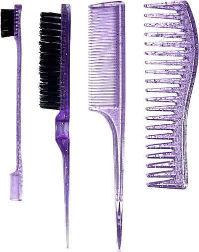 Professionele Kamenset - Puntige Staartkam, Brede Tanden Kam, Dubbelzijdige Kam en Borstel voor Kapsels en Haarstyling Thuis en in de Salon - Paarse Kleur