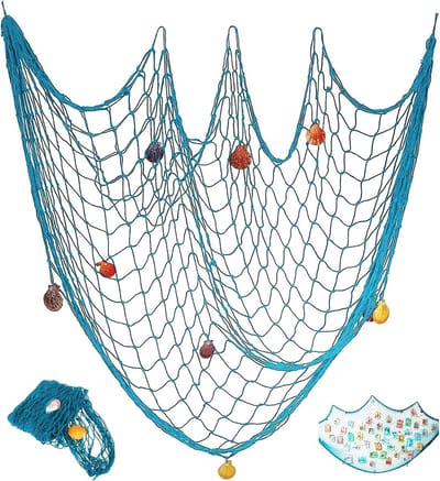 Dailygoods- Visnet Decoratief 100 x 200 cm - Nautische Decoratie - Mediterrane Stijl - Katoen/Schelpen - Themafeest Decor - Unieke Interieurstijl - Decoratief Net