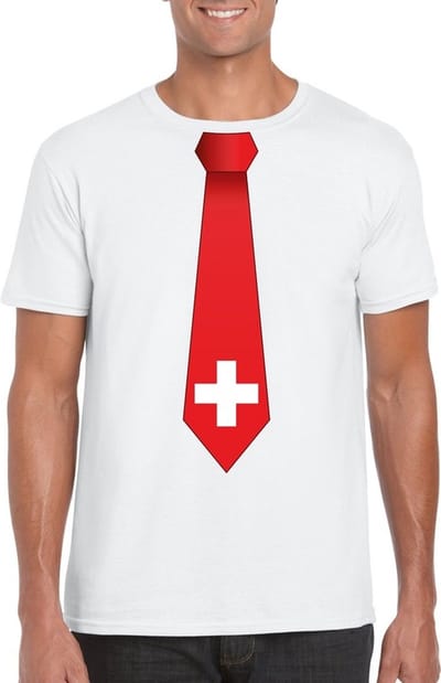 Wit t-shirt met Zwitserse vlag stropdas heren - Zwitserland supporter S