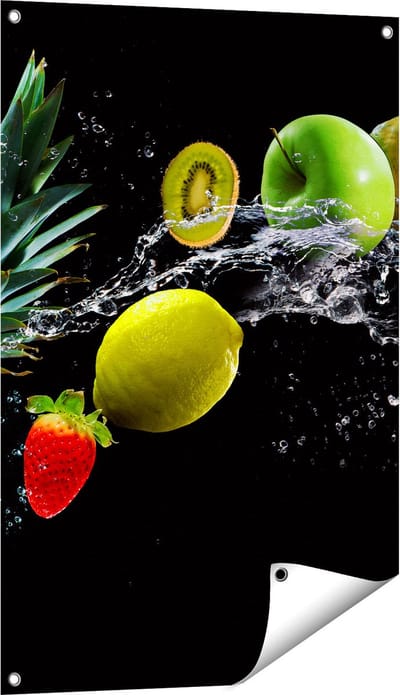Gards Tuinposter Fruit met Water op Zwart Achtergrond - 60x90 cm - Tuindoek - Tuindecoratie - Wanddecoratie buiten - Tuinschilderij
