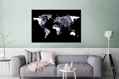 Aluminium schilderij 180x120 cm - Wanddecoratie metaal - Wereldkaart - Zwart - Wit - Wereldbol - Metalen muurdecoratie woonkamer - Decoratie industrieel - Foto op dibond - Industriële accessoires slaapkamer
