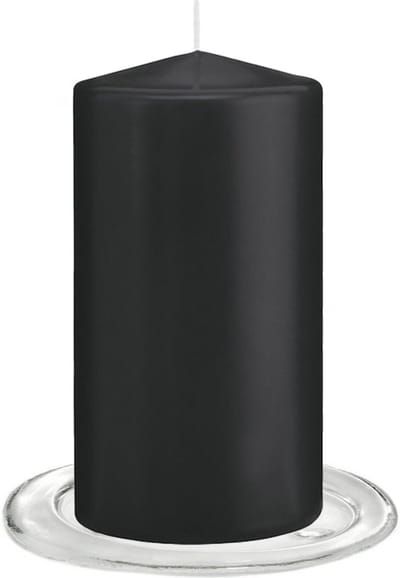 Trend Candles - Stompkaarsen met glazen onderzetters set van 2x stuks zwart 8 x 15 cm