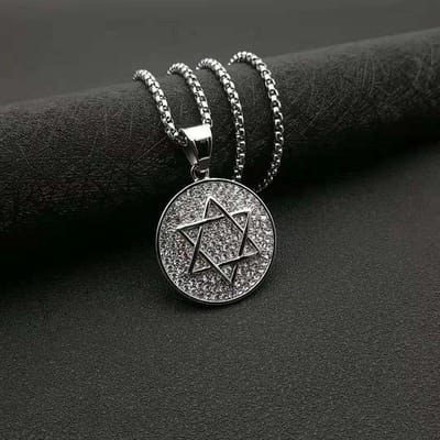 Hot Selling RVS Vol Diamant Hip Hop Zespuntige Ster Hanger Ketting Davidster Joodse Religieuze Sieraden black