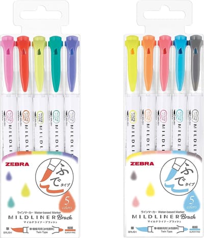 Zebra Mildliner - Brush pennen - Dubbelzijdig - Bright en friendly kleuren - 2 sets van 5