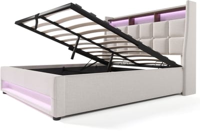 COVREO Bedframe 140x200 cm beige stof, LED, opbergruimte, zonder matras