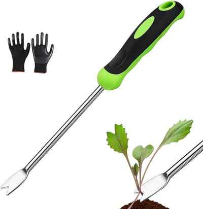 Handmatige onkruidsteker - Worteljager tuingereedschap - Onkruid verwijderen - Stevige roestvrijstalen steel - 32 cm lengte - Zilver groen