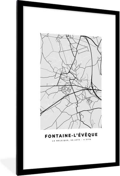 Fotolijst incl. Poster Zwart Wit- Stadskaart – Zwart Wit - Kaart – Fontaine l'Évêque – België – Plattegrond - 80x120 cm - Posterlijst
