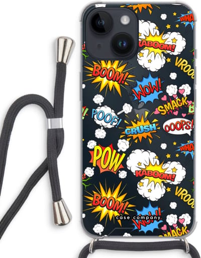 Case Company® - Hoesje met koord geschikt voor iPhone 14 hoesje met Koord - Pow Smack - Telefoonhoesje met Zwart Koord - Bescherming aan alle Kanten en Over de Schermrand